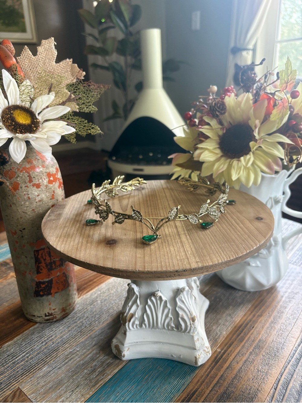🤪 3 for $15! Gold Leaf Rhinestone Headband Emerald Green Crystal Drops